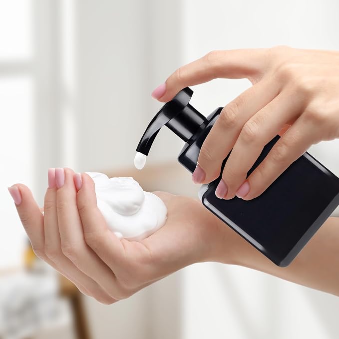 250ML Foaming Soap Dispenser, 2-Pack Plastic Hand Soap Dispenser, Refillable Leakproof Foam Pump Bottle with Waterproof Labels, for Shampoo, Body Wash