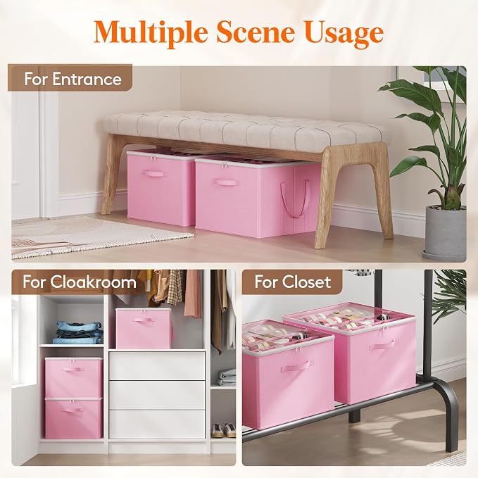 Lifewit Shoe Storage Organizer for Closet, Fabric Large Shoe Box Storage Containers with Clear Cover, Foldable Bins for Boots Heels Sneakers Fits 24-32 Pairs (Each 12-16 Pairs) 2 Pack Pink