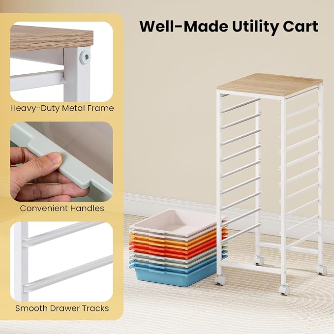 LDAILY Rolling Cart with Drawers, 10 Drawer Rolling Storage Cart with Wooden Tabletop, Metal Frame & Lockable Wheels, Craft Organizers and Storage for Home Office Classroom (Macaron, 10-Drawer Small)