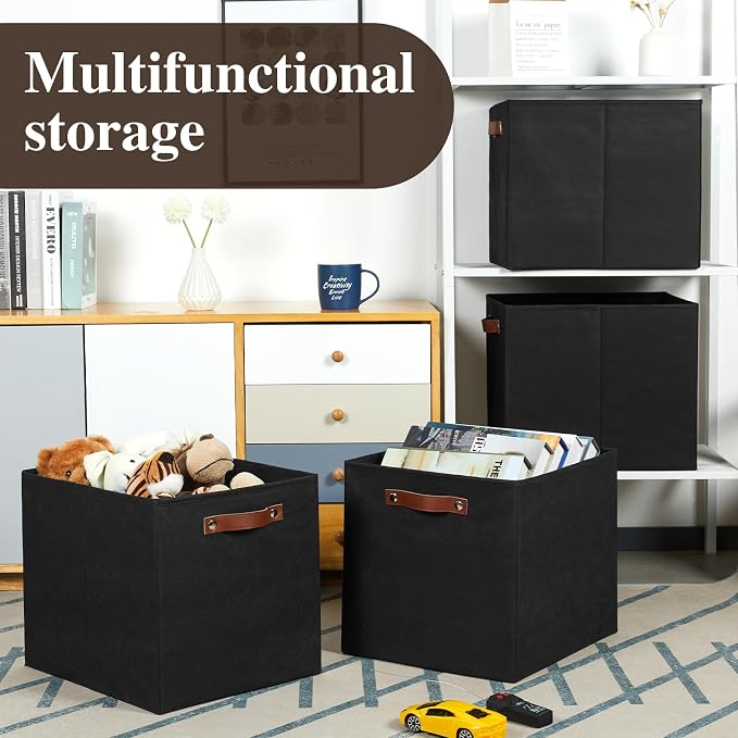 Temary Cube Storage Bins 4Pack Foldable Storage Baskets for Clothes Shelf Basket with Handles, Fabric Storage Boxes Organizer Bins for Home (Black, 13x15x13 Inch)