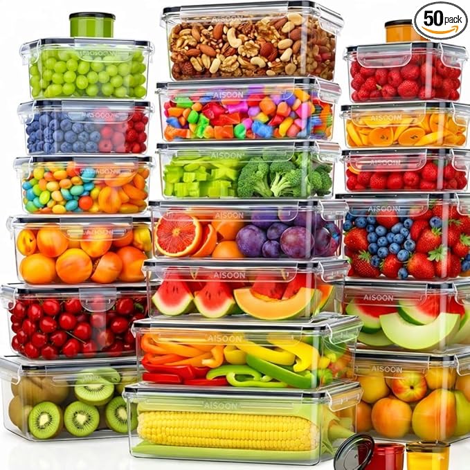AISOON 50 Pcs 85oz Large Food Storage Sets with Lids, Airtight Kitchen Pantry Containers, Leakproof & BPA-Free Meal Prep Containers, Freezer, Microwave & Dishwasher Safe with Labels & Pen