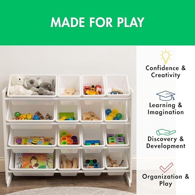 Humble Crew Toy Storage Organizer with 16 Removable Storage Bins for Kids Playroom, 4-Tier Toddler Toy Organization and Storage, White/White