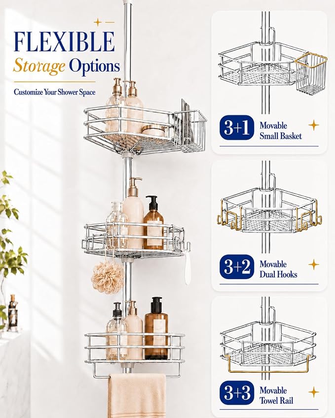 SEIRIONE Corner Shower Caddy Tension Pole, Quick Setup, Rust-Free Bathroom Shower Organizer Corner for Bathtub Shampoo Storage, 4-Tier Adjustable Shelf, Drill Free, Fits 34 to 116 Inch Height, Chrome