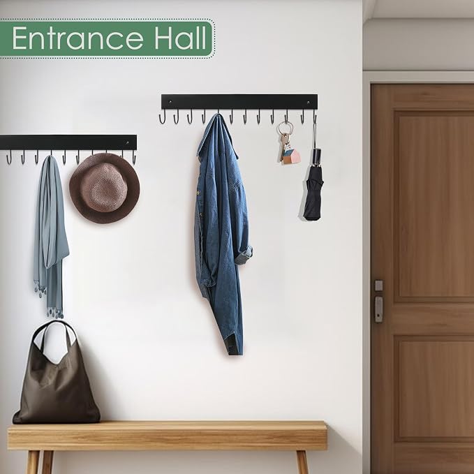 2 Pack Purse Organizer Wall Mount with 24 Rotating 180° Coat Rack, 14.6" Wooden Entryway Purse Holder, Wall Hooks for Hanging Belts, Ties, Keys, Scarf, Bras, Bag, Space Saving Hanger (Black)