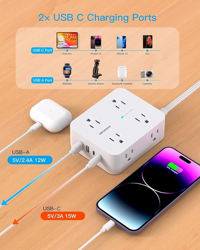 Extension Cord 10 Ft, Ultra Thin Flat Plug Power Strip Surge Protector with 8 Outlets 4 USB Ports (2 USB C), HANYCONY Outlet Extender Desk Charging Station for Home Office Dorm Room Essentials | 8 Outlets 4 USB Ports (2 USB C), HANYCONY Outlet Extender...