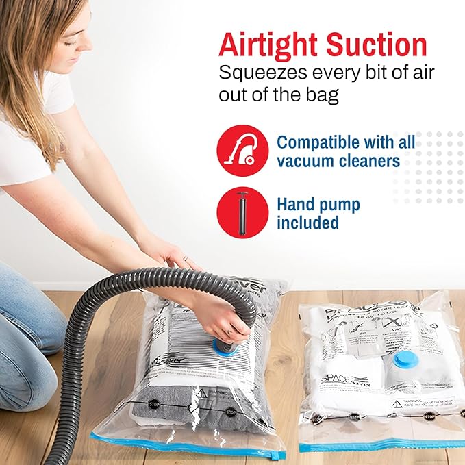Spacesaver Large Vacuum Storage Bags for Comforters, Blankets & Clothes – Vacuum Sealed Compression Bags with Hand Pump – Space Saver Storage Bags for Bedding, Moving, Travel & Organization (8 Pack)