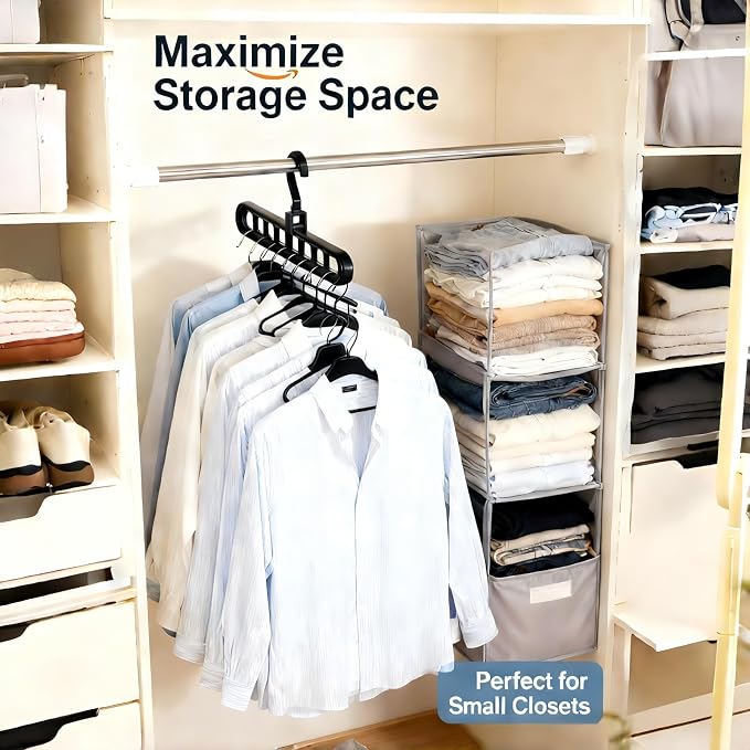 9 Space-Saving Hangers Heavy-Duty PP Plastic Tiered Hanger Organizer with Non-Slip Foldable Design, for Closet (Black, 5)