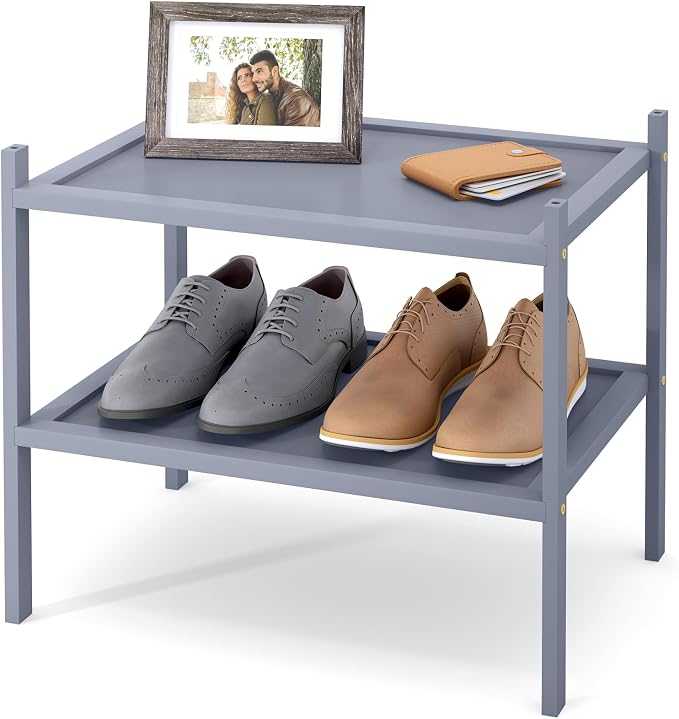 Smiry Bamboo Small Shoe Rack, 2 Tier Shoe Organizer for Entryway & Closet, Stackable Free Standing Storage Shelf for Shoes, Bags & Plants, Grey