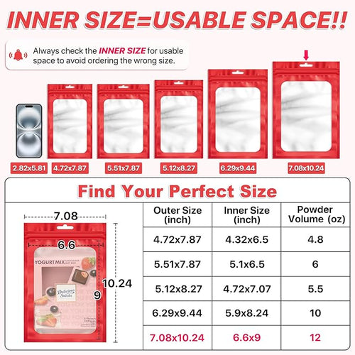 100 PCS Resealable Mylar Bags with Frosted Clear Window Packaging Bag Foil Pouch Zipper Bag for Food Self Sealing Storage Supplies (7.08x10.24, Red)