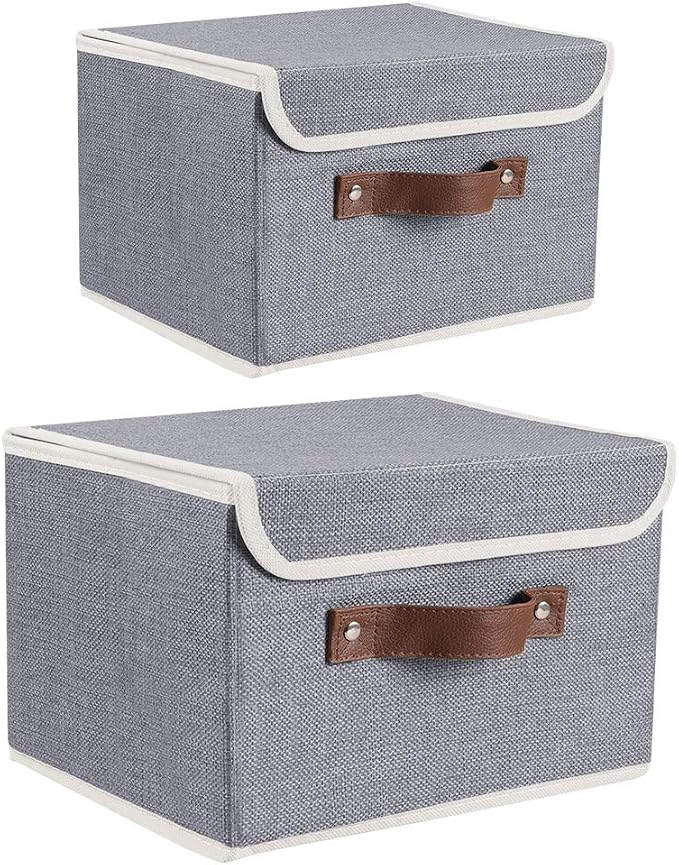 2Pack Storage Bins Boxes with Lids 10" x 8" x 7" Decorative Storage Baskets | Cotton Linen Fabric, Collapsible, Faux Leather Handles, Storage Cubes, Closet Shelf Clothes Organizer Container, Grey