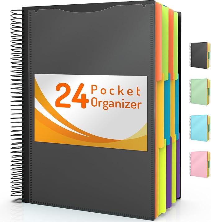 Forvencer 24 Pocket Project Organizer, 1/3-cut Tab Binder Organizer with Sticky Labels, Multi Pocket Folder with Zipper Pouch, Folder Binder Spiral Pocket Notebook, Office Supplies, Letter Size, Black