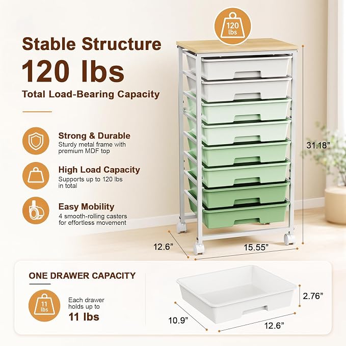 LEHOM Rolling Storage Cart with 8 Drawers, Utility Cart on Wheels with Metal Frame and Wooden Tabletop for Living Room Bedroom Dorm, Office Storage & Art Supply Craft Organizer for Classroom, Green