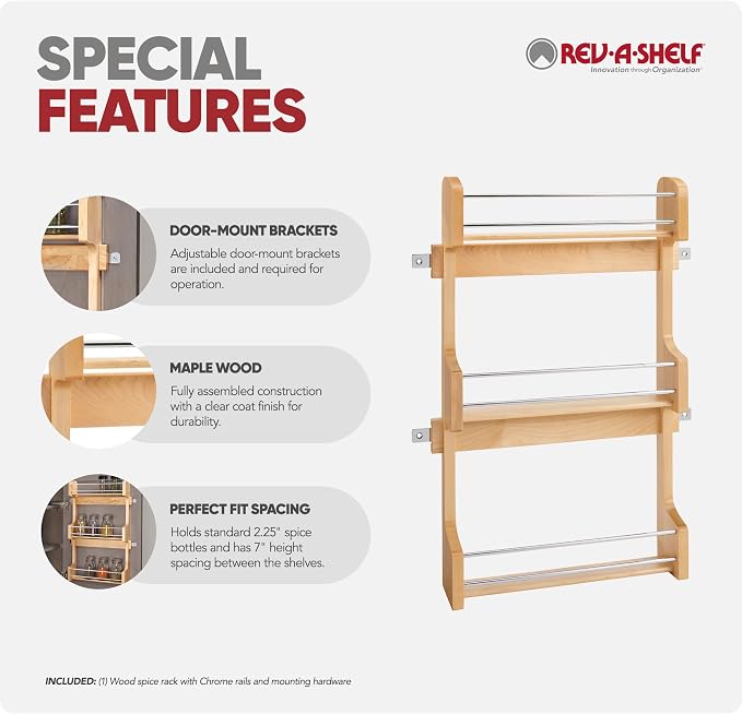 Rev-A-Shelf 18" 3 Tiered Pull Out Shelf Organizer for Kitchen Cabinets, Pantry Storage Spice Seasoning Rack, Door/Wall Mounted, Maple Wood, 4SR-18
