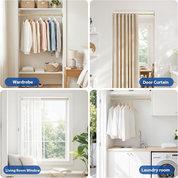 Tension Curtain Rod 32-48Inch Gold Shower Rod Tension Rod Adjustable Curtain Rods no Drilling Curtain Rods for Windows,Closets,Doorway