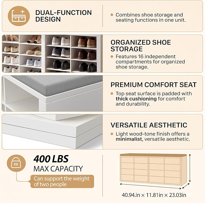 Shoe Rack Bench, Shoe Storage Bench with Cushion, Shoe Organizer 16 Cubbies for Entryway Hallway Bedroom Living Room, Holds Up to 400lbs