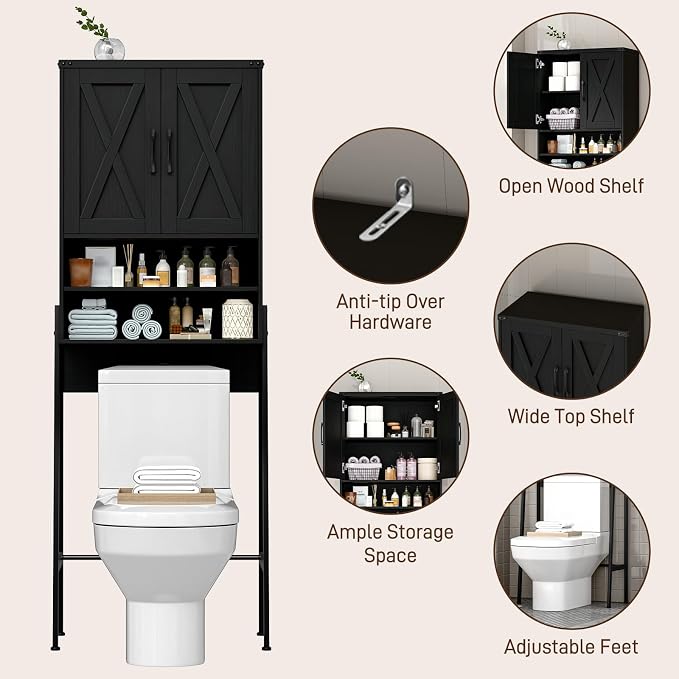 Vabches Over The Toilet Storage Cabinet, Farmhouse Over Toilet Storage Cabinet, Metal Frame with 2 Barn Doors, Home Space-Saving Toilet Rack for Bathroom, Toilet, Laundry Room,Black