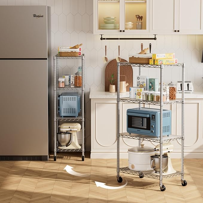Golpart Shelves Storage Shelf Wire Closet Bathroom Organizers Metal Pantry | 4 tier Kitchen Garage Shelving Unit Laundry Room Organization Home Rack Net Basket White with Wheels 14”D X 24”W X 48.9”H