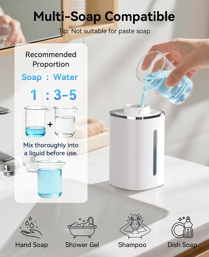 Luxspire 420ml Automatic Foaming Soap Dispenser for Bathroom, White | Touchless foam soap dispenser, IPX5 waterproof, 9 foam levels, LED power display fits hand soap dish wash body wash