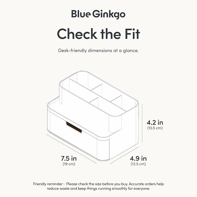 BLUE GINKGO Compact Desk Organizer – Small 5-Compartment, Half Drawer Storage – Pen Holder, Stationery Organizer for Desktop, Vanity, Shelf (Made in Korea, White)
