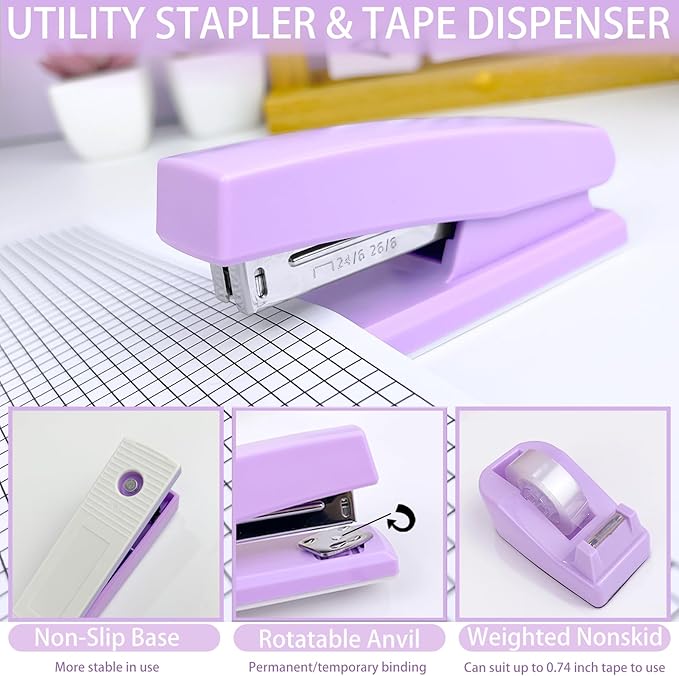 16Pcs Purple Desk Accessories- Purple Office Supplies with Stapler, Tape Dispenser, Pen Holder, Staple Remover, Hole Punch, Paper Clips, Pens, Cute Desk Set for Office Home School Women Students Gift