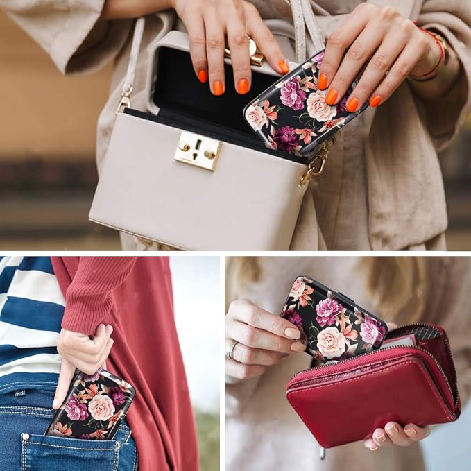 Mini Credit Card Holder for Women,RFID Blocking Slim Hard Card Case ID Case Travel Wallet Black Rose Flowers