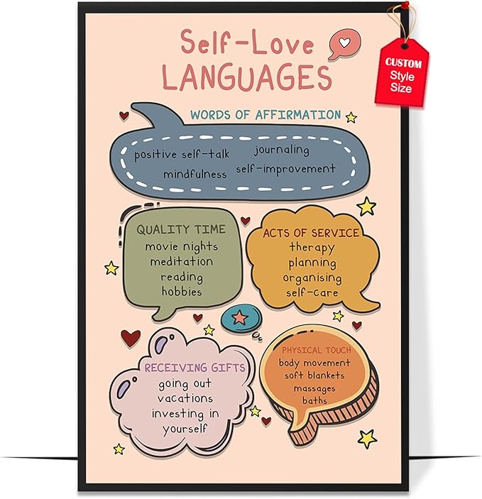 LOLUIS Mental Health Poster, Boho Therapy Tools Educational Supplies Art Print Classroom School Office Decor (Self Love Languages, Custom Frame Type)