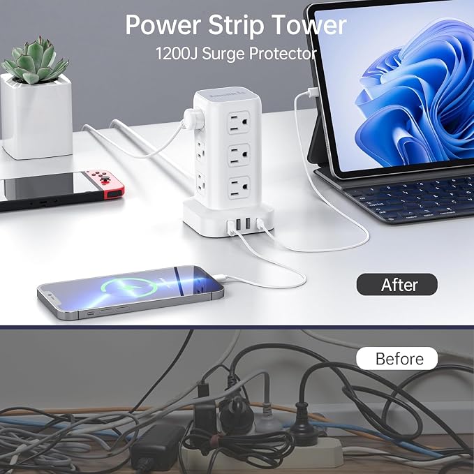 Power Strip with 12 Outlets 4 USB (1 USB C), 16.5Feet Extension Cord with Multiple Outlets, Charging Station, Power Strip Tower, Home Office Desk Supplies