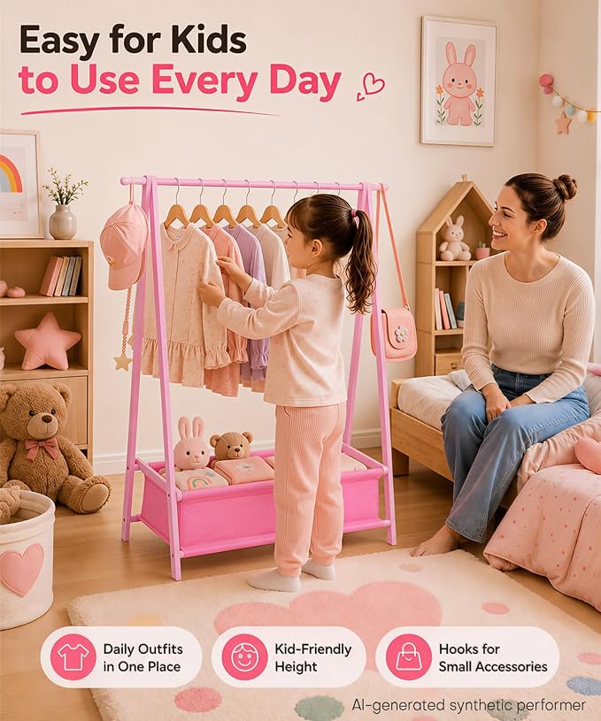 Homde Sturdy Kids Clothes Rack: 66 lb Capacity for Growing Wardrobe Needs | Hanging Rod Holds Clothes, Basket Stores Items Below - Helps Kids Build Tidy Habits - Angled Bamboo Side Frames Add Stability