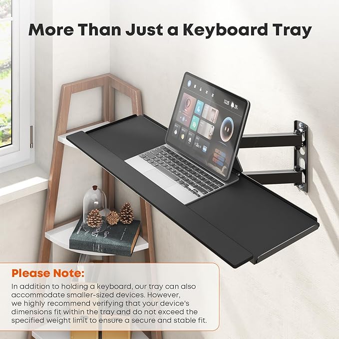 PUTORSEN Wall Mount Keyboard Tray with Adjustable Arm - Ergonomic Swivel & Tilt, Universal Keyboard and Mouse Tray for Home Office, Gaming & Streaming, 7.6"x25.8" Platform, Holds up to 19.8 lbs