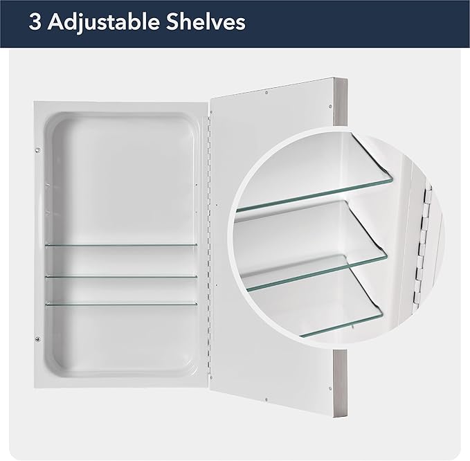 Head West Brushed Chrome Recessed Medicine Cabinet Mirror, Bathroom Wall Mount Storage Organizer with Glass Shelves - 16" x 26"