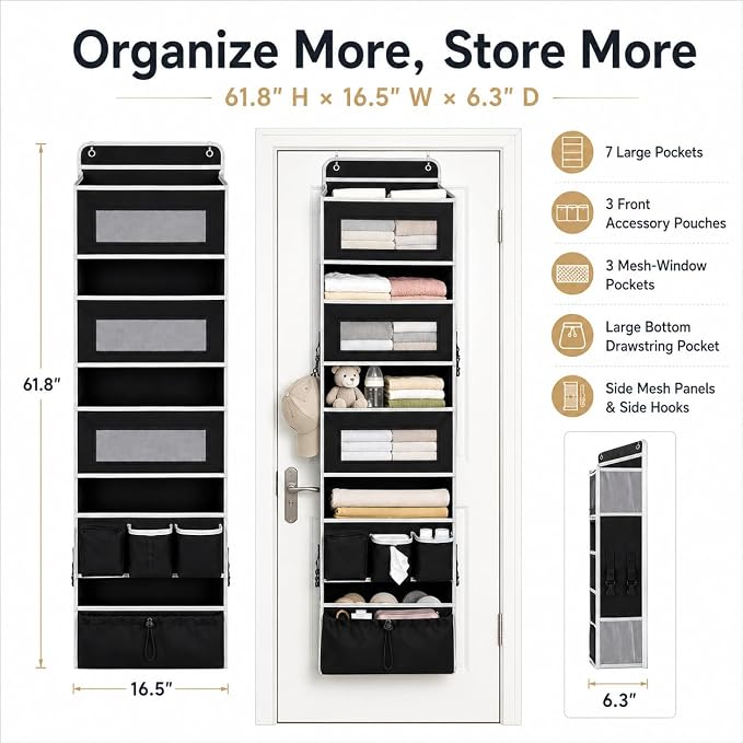 1 Pack Over The Door Organizer Storage, Hanging Organizer Closet with 5 Large Pockets 6 Mesh Pockets, 50 lbs Weight Capacity, Behind Door Storage for Closet Nursery Bedroom Bathroom (Black)