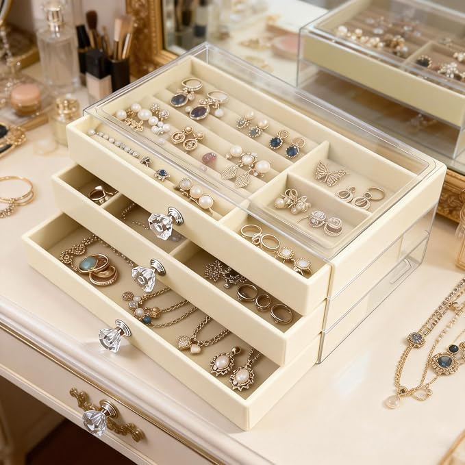 Clear Acrylic Velvet Jewelry Organizer with 3 Drawers, Stackable Display Storage Earrings Necklace Rings Bracelets Box Holder Case for Women, Beige