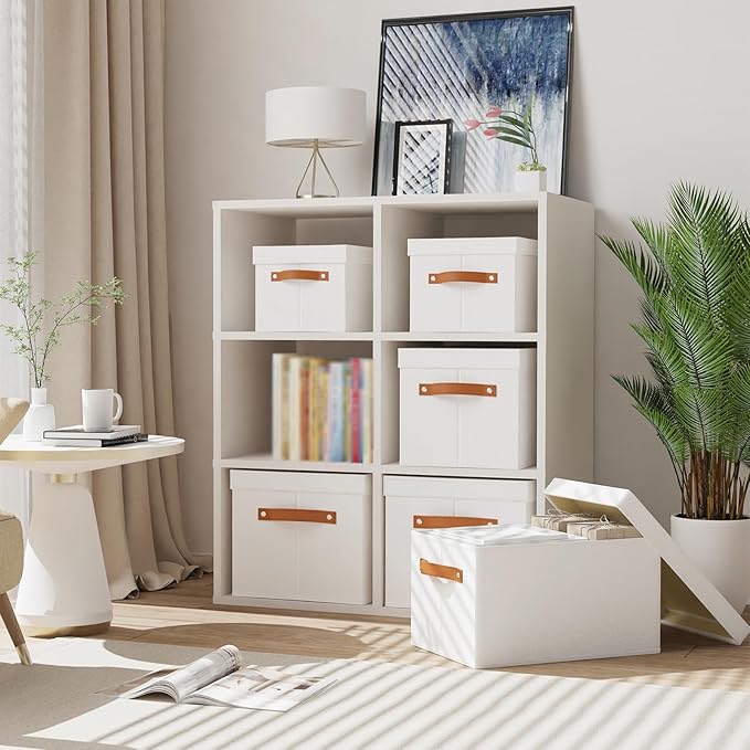 Fabric Storage Box with Lid, Foldable Storage Bin for Shelves, Decorative Closet Organizer with Handles, White, 15 x 9.8 x 8.3 Inch,1-Pack