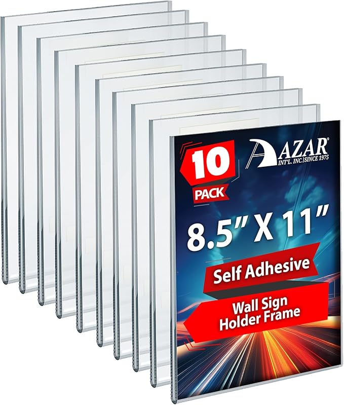 Azar Displays, 122021, Adhesive Clear Acrylic Wall Sign Holder Display, Verticle Portrait Frame for Posters, Flyers, Art, Business, School, Nameplates & Doorway Signs, 10 Pack, 8.5" x 11"