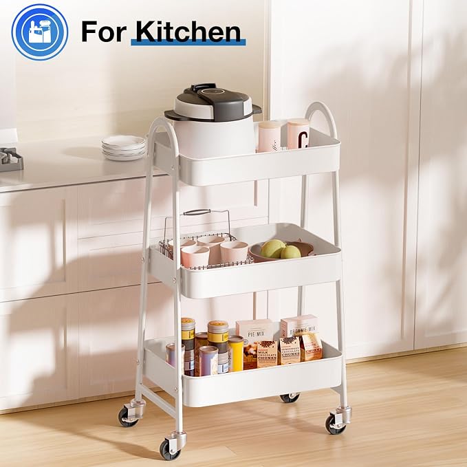 DUMOS 3 Tiers Rolling Cart, Utility Cart, Metal, White | Mobile Storage, Lockable Wheels, Utility Shelving Unit, Kitchen, Bathroom, Laundry, Narrow Places