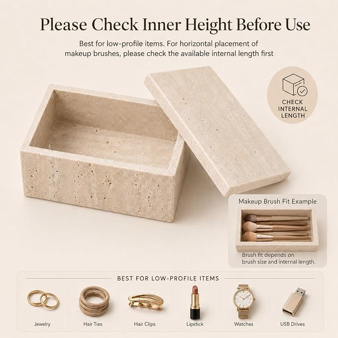 Natural Travertine Rectangular Box with Lid | Natural travertine box for jewelry, makeup pads, clips and dry small vanity essentials.