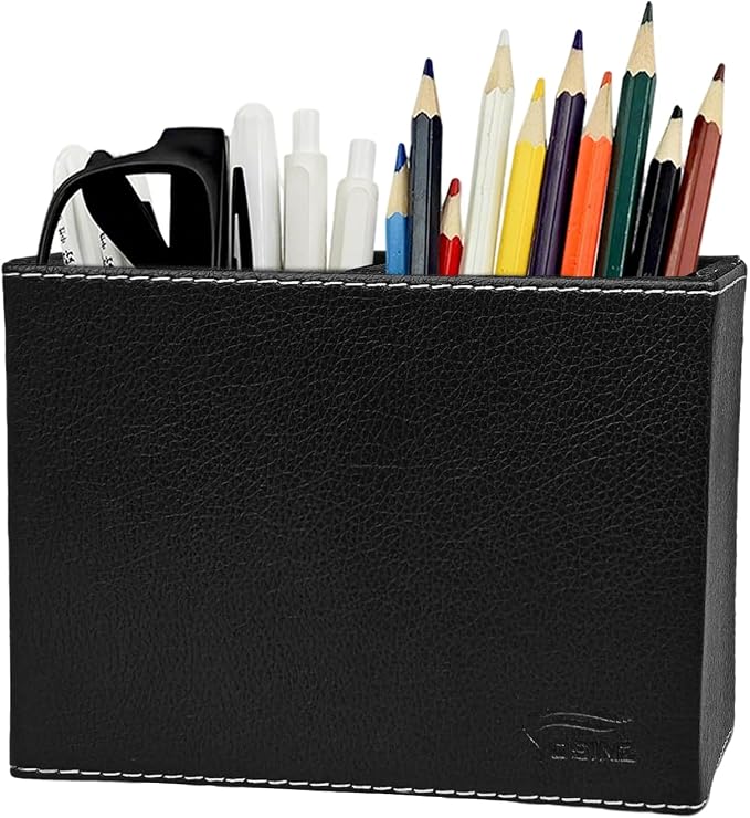 Black Pen Holder, Double Slots Leather Pencil Holder, Elegant Pen Holder for Desk, Stationery Organizer for School Office Home Dorm