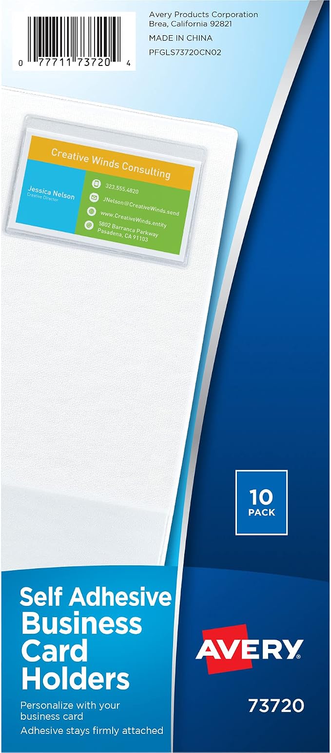 Avery Clear Self-Adhesive Business Card Holders, Top Load, Holds 3.5" x 2" Cards, Pack of 10 (73720)