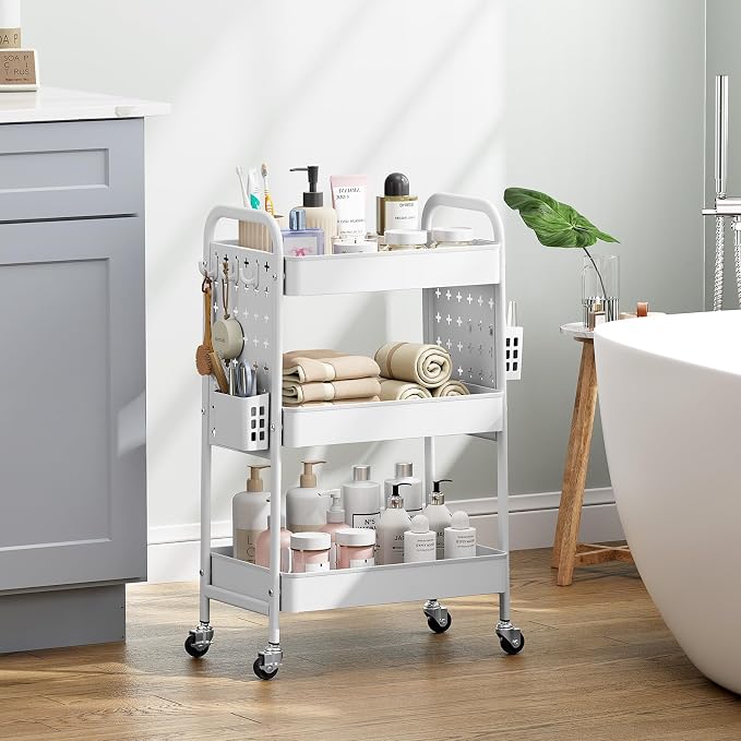 KINGRACK 3 Tier Rolling Cart with DIY Pegboard, Metal Utility Cart with Wheels, Hooks & Baskets, Sturdy Storage Organizer for Craft, Bathroom, Kitchen, Office, Nursery, Classroom (White)