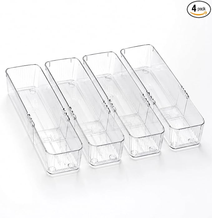 4-Piece Expandable Drawer Organizer Bins | Clear Plastic Adjustable Storage Trays Set for Kitchen Drawers, cutlery silverware,Refrigerator, Cabinet & Pantry