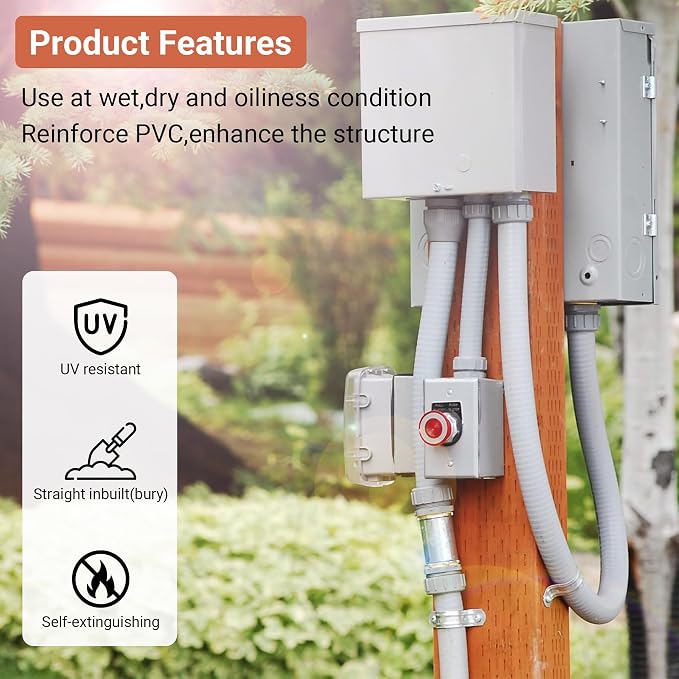 Liquid-Tight Conduit 3/4 50ft w/UL Certification | Flexible Electrical Conduit with 5 Straight and 5 90-Degree Conduit Connector Fittings