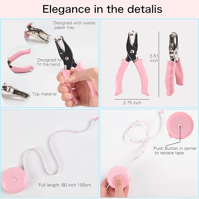 ChezMax Pink Desk Accessory Kit Includes Stapler with Staples Staple Remover Tape Dispenser Transparent Tape Scissors Push Pins Paper Clips Binder Clips Single Hole Punch Telescopic Knife Tape Measure