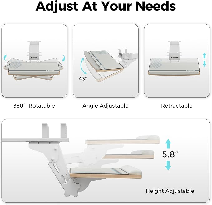 EUREKA ERGONOMIC Keyboard Tray Height Adjustable, Swivel Tilt Computer Keyboard Drawer Under Desk, 25x9.13'' Sliding Keyboard & Mouse Platform with Mouse Pad for Typing, Maple