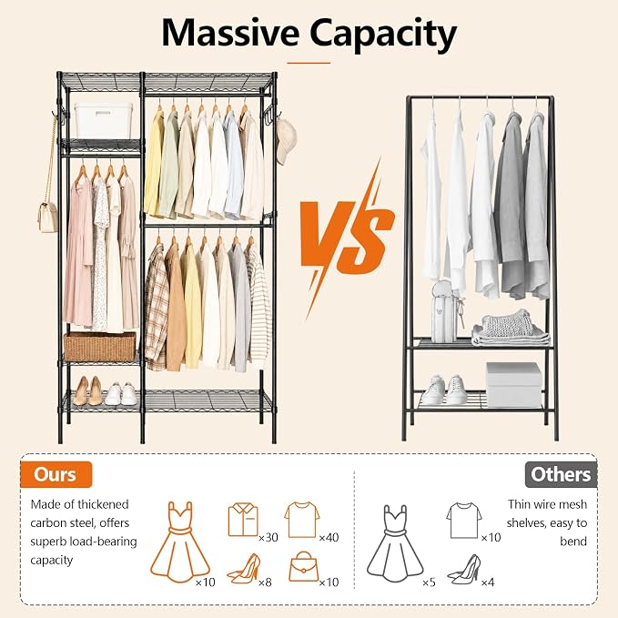 Heavy Duty Clothes Rack, Portable Clothing Garment Rack for Hanging Clothes, Adjustable Storage Closet with Wire Shelves and Hanging Rods, Freestanding Closet Organizer, Max Load 700Lbs, Black