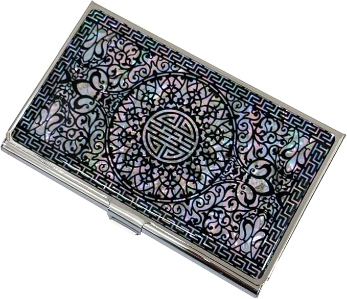 Mother of Pearl Business Card Case Credit Id Name Holder Travel Wallet Art Painting Design Metal Stainless Steel Engraved Slim Purse Pocket Cash Money Wallet (N-Pattern)
