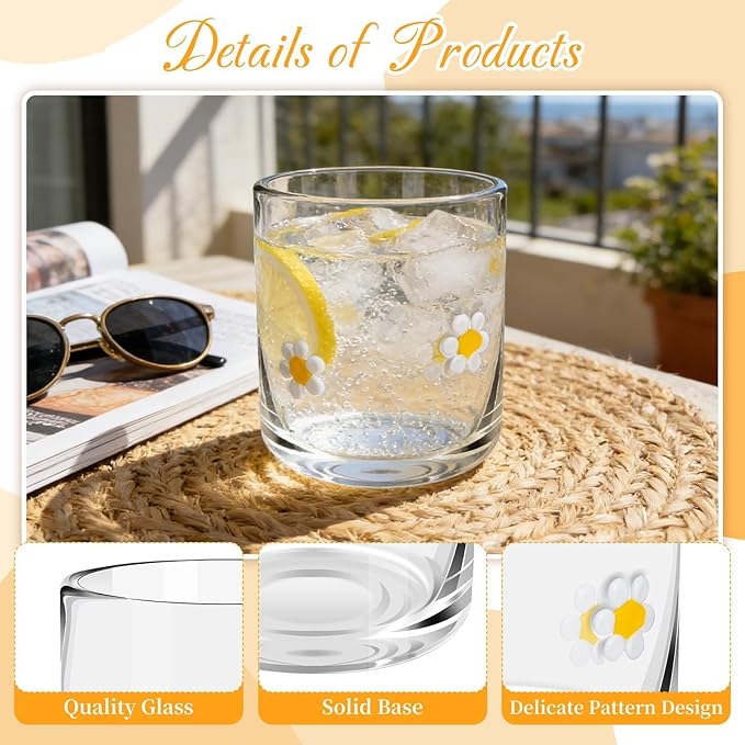 14 Ounce Icon Juice Glasses, Aesthetic Cocktail & Old Fashioned Drinking Glasses, Iconic Clear Glass Cups for Women, Sister, Friend & Party Gifts (Daisy)