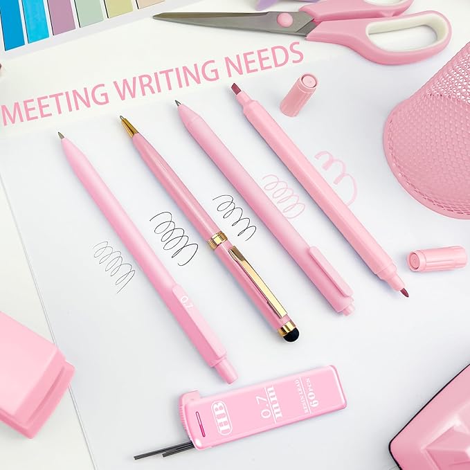 JIZHIYUAN Pink Desk Accessories Set - 16 Pcs Pink Office Supplies with Stapler, Tape Dispenser, Pen Holder, Staple Remover, Hole Punch, Practical Aesthetics Desk Sets for Office, Home, School Women
