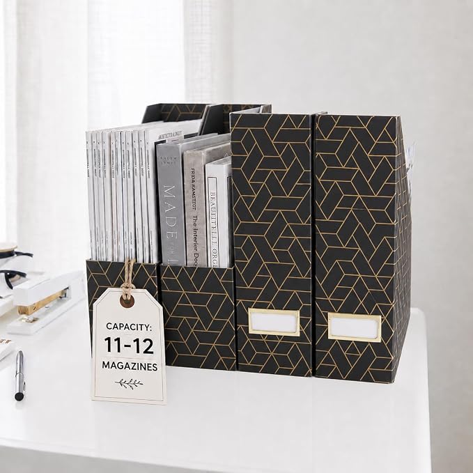 BLU MONACO | Set of 4 Black & Gold Geometric Magazine File Holders with Gold Label Holders | Stylish Vertical File Organizer Boxes for Desk, Bookshelf & Office Storage