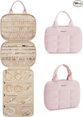 BAGSMART Travel Jewelry Case, Hanging Jewelry Organizer with Zipper Pockets, Large Capacity Puffy Jewelry Roll for Earrings, Necklaces, Rings on Closet, Wall, Door, Portable Travel Essentials, Pink