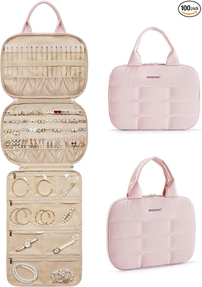 BAGSMART Travel Jewelry Case, Hanging Jewelry Organizer with Zipper Pockets, Large Capacity Puffy Jewelry Roll for Earrings, Necklaces, Rings on Closet, Wall, Door, Portable Travel Essentials, Pink